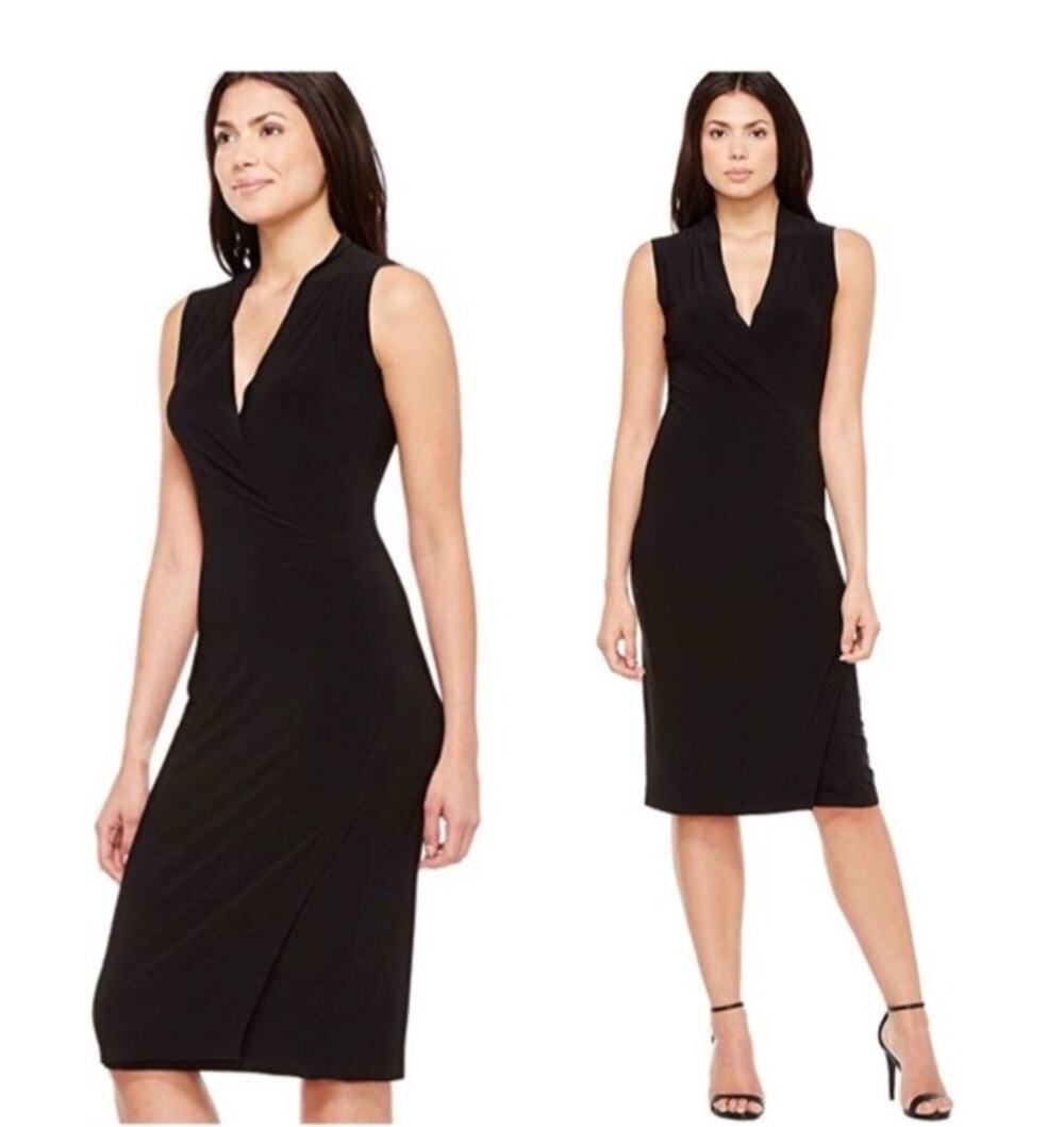 Norma Kamali Dress Faux Wrap Dress Black Stretch Jersey Classic LBD Career XL